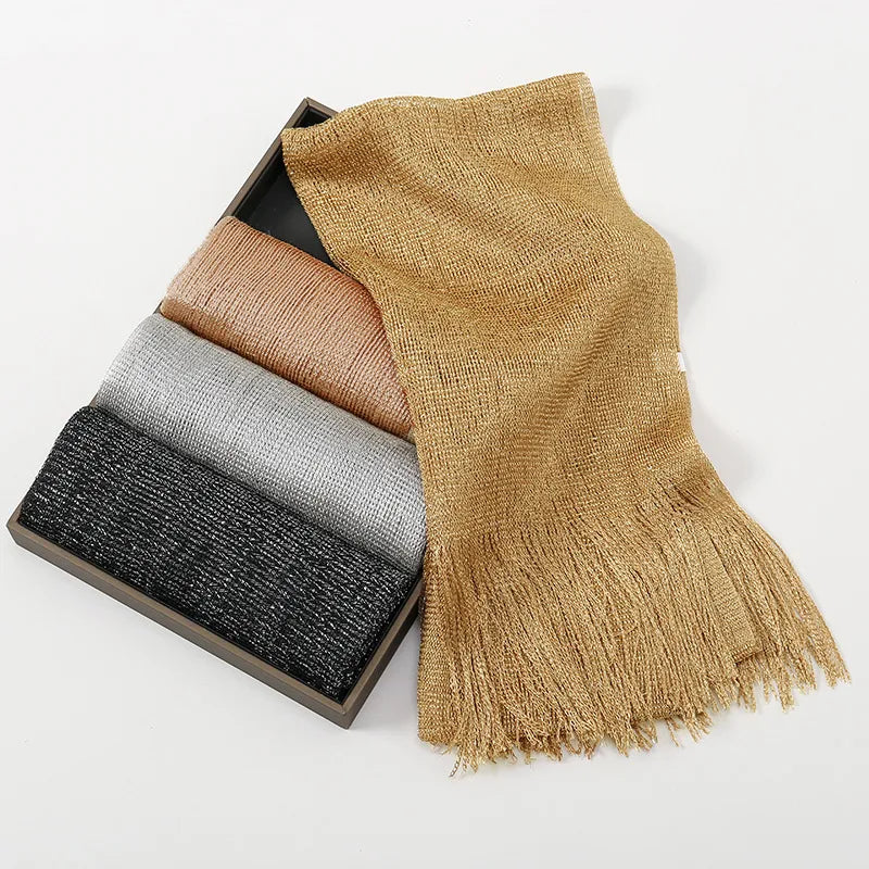 Women's Elegant Solid Color Gold and Silver Wire Tassel Scarf