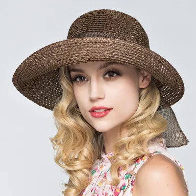 women's basic solid color bowknot crimping straw hat