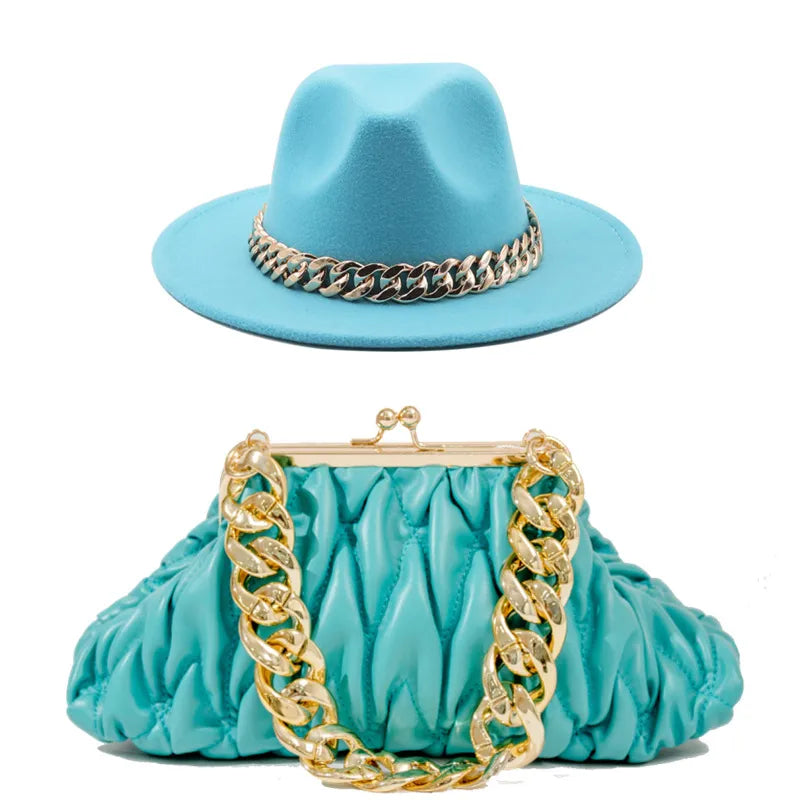 women's british style solid color chain flat eaves fedora hat