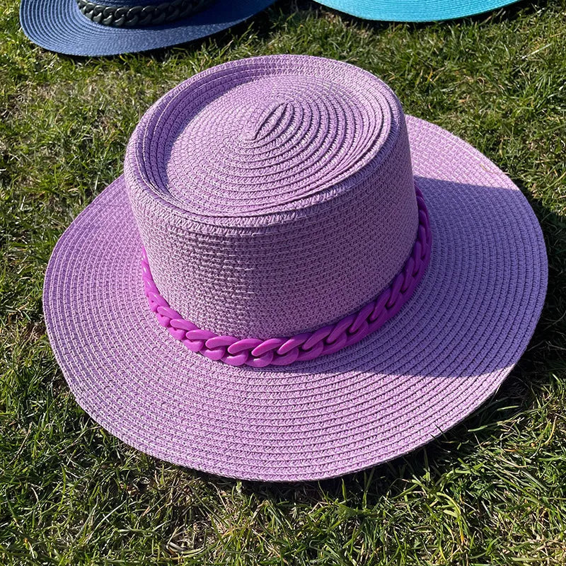 women's simple style solid color chain flat eaves sun hat