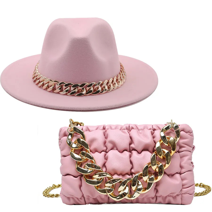 women's british style solid color chain flat eaves fedora hat