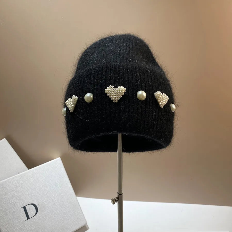 women's sweet heart shape pearl eaveless wool cap