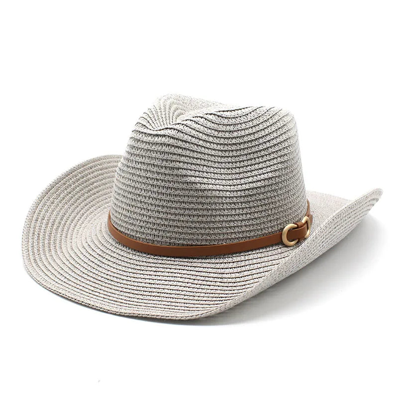 women's cowboy style solid color flat eaves straw hat