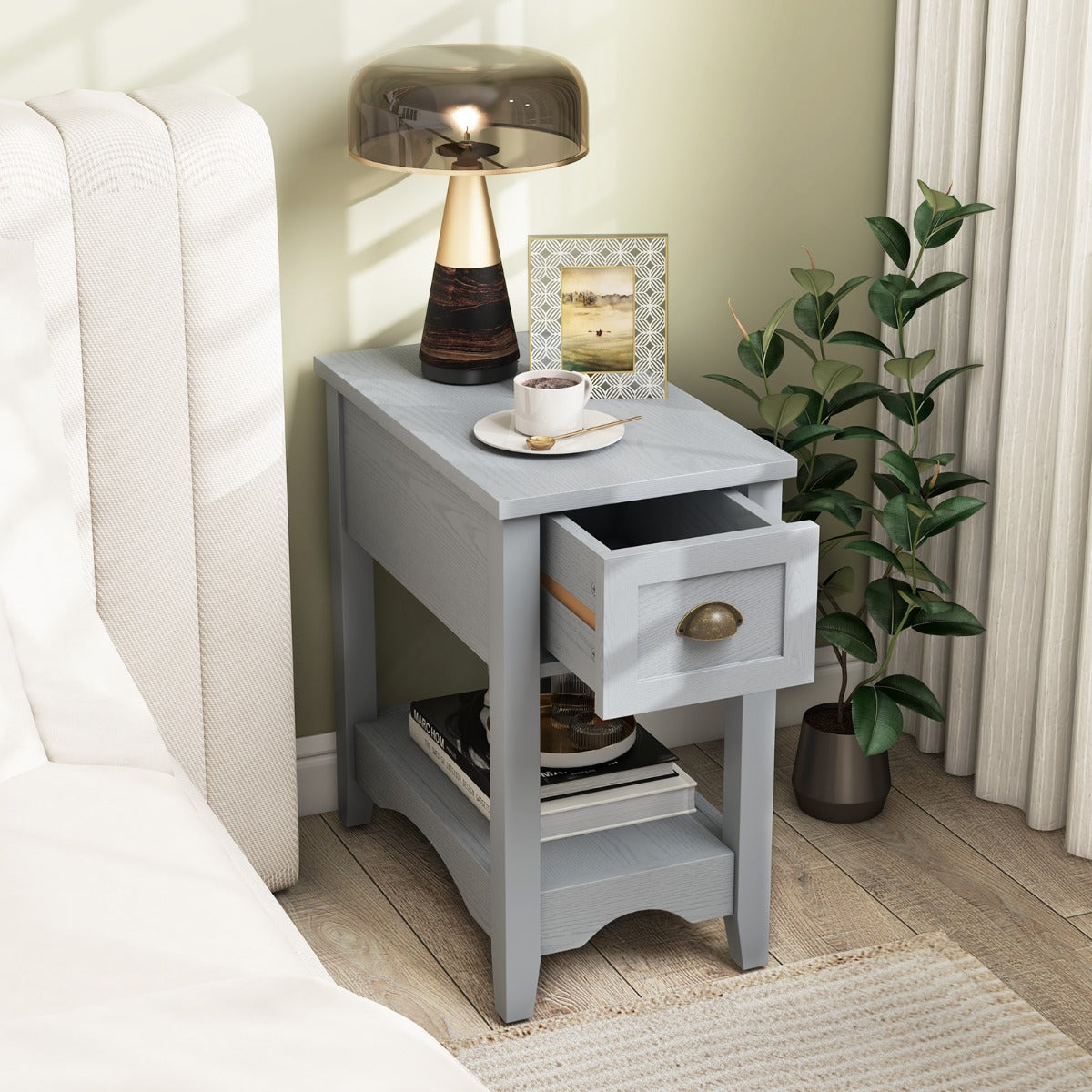 Rectangular Nightstand with 1 Drawer 1 Storing Shelf and 4 Solid Rubber wood Legs-Black