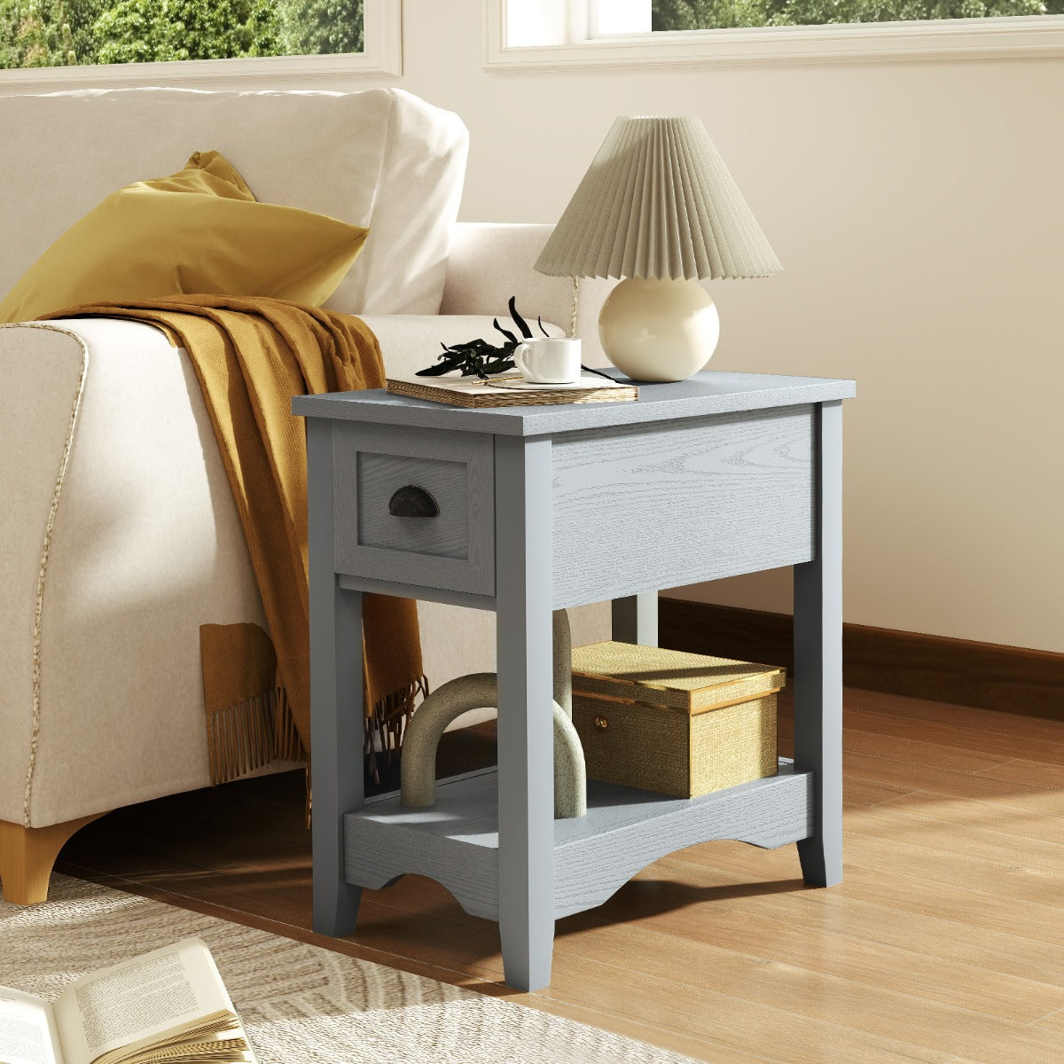 Rectangular Nightstand with 1 Drawer 1 Storing Shelf and 4 Solid Rubber wood Legs-Black