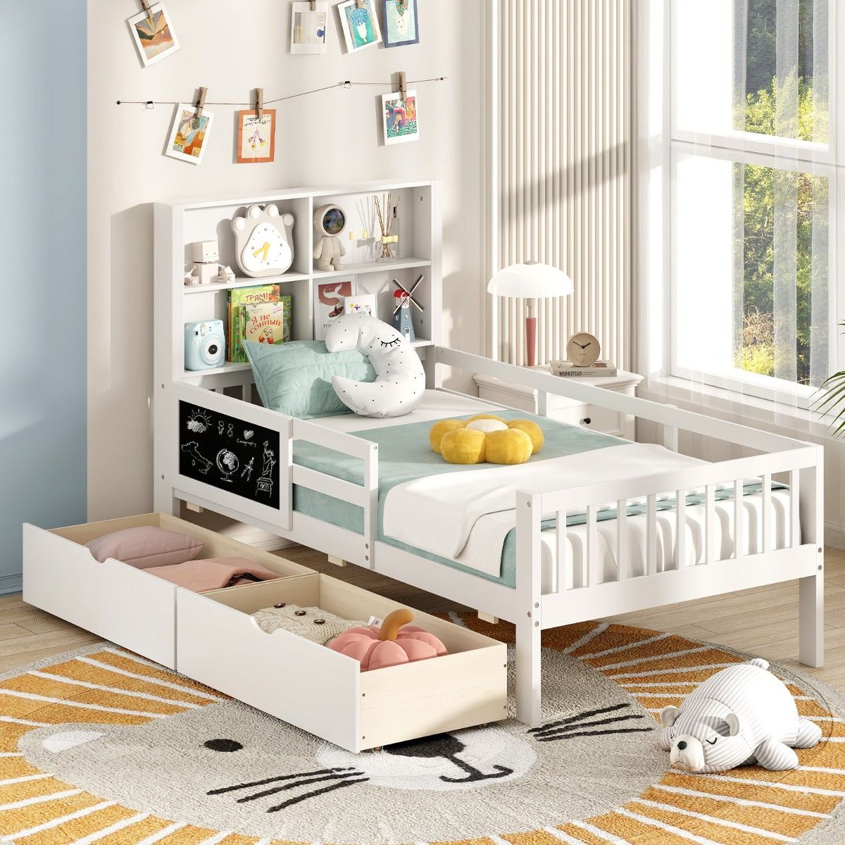 Single/Double Size Bed Frame with 2 Storage Drawers White-Double Size