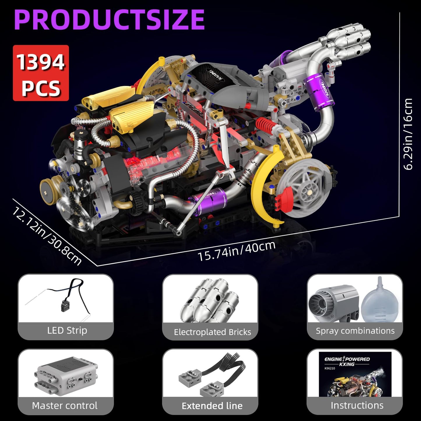 Suplanet V8 Engine Building Block Sets – Realistic Lighted Engine Model Kit (1394 PCS)