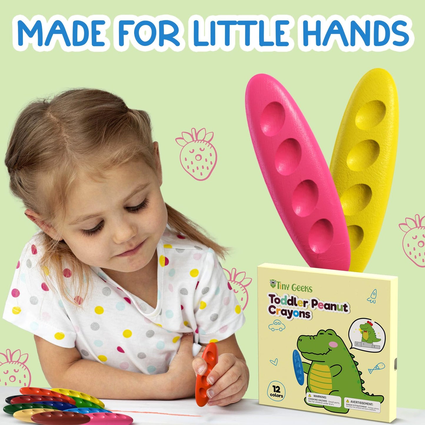 TinyGeeks 12 Peanut Crayons – Non-Toxic, Washable Toddler Crayons with Ergonomic Peanut Shape