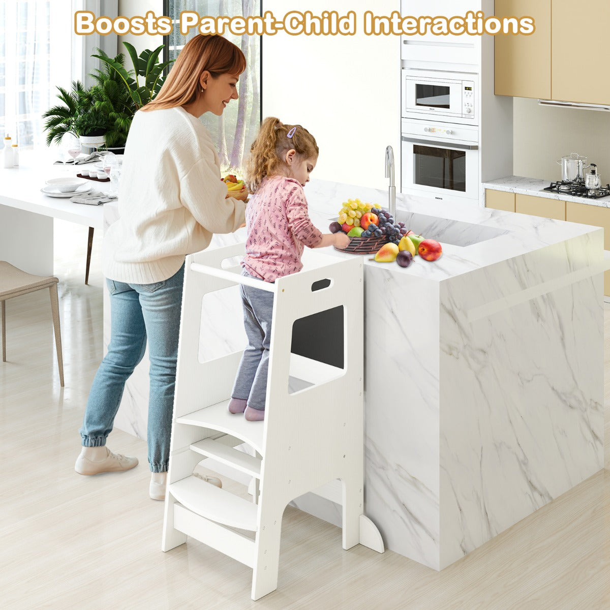 Toddler Kitchen Step Stool with Activity Chalkboard and Adjustable Height-Grey