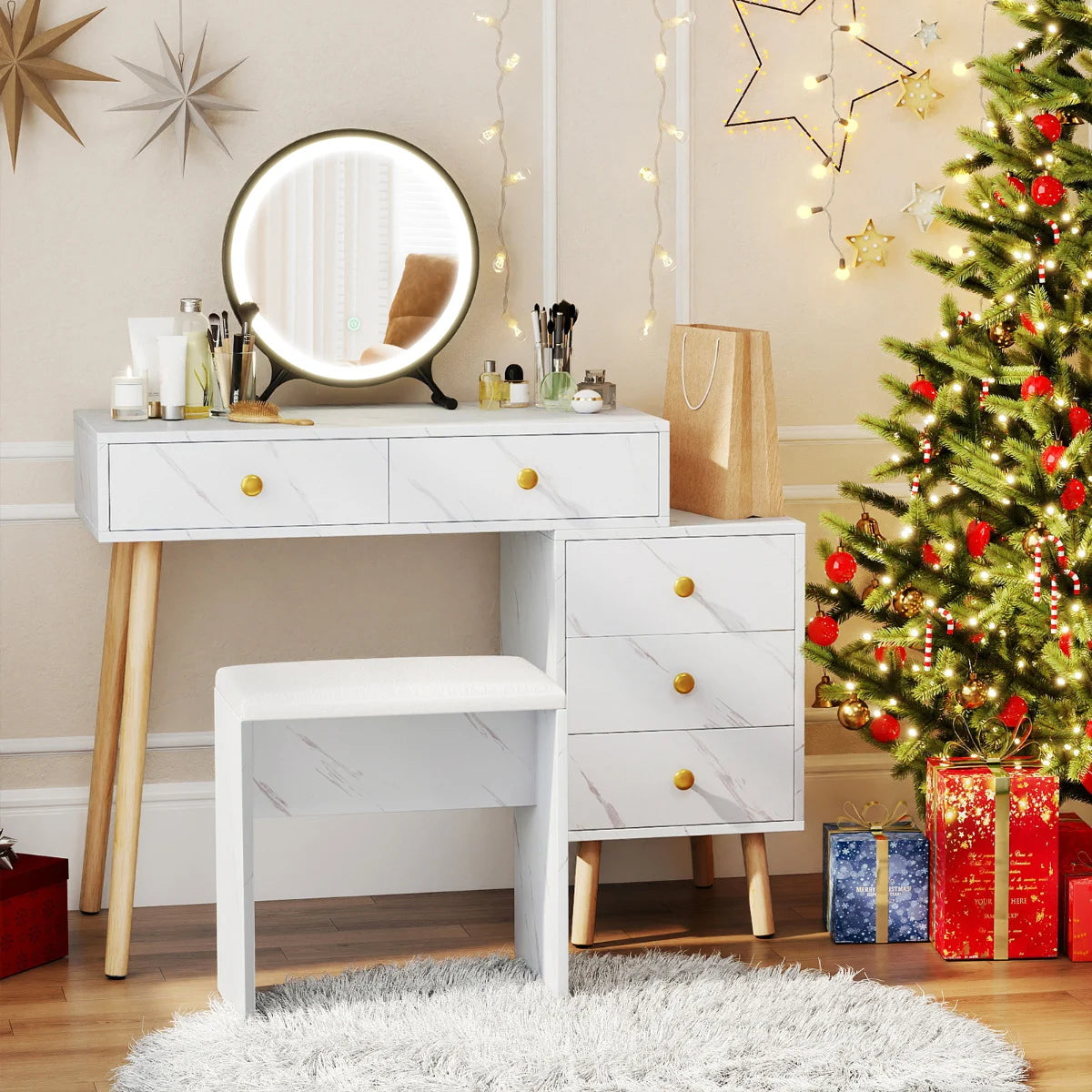 Vanity Desk Makeup Vanity Set with Removable Mirror-White